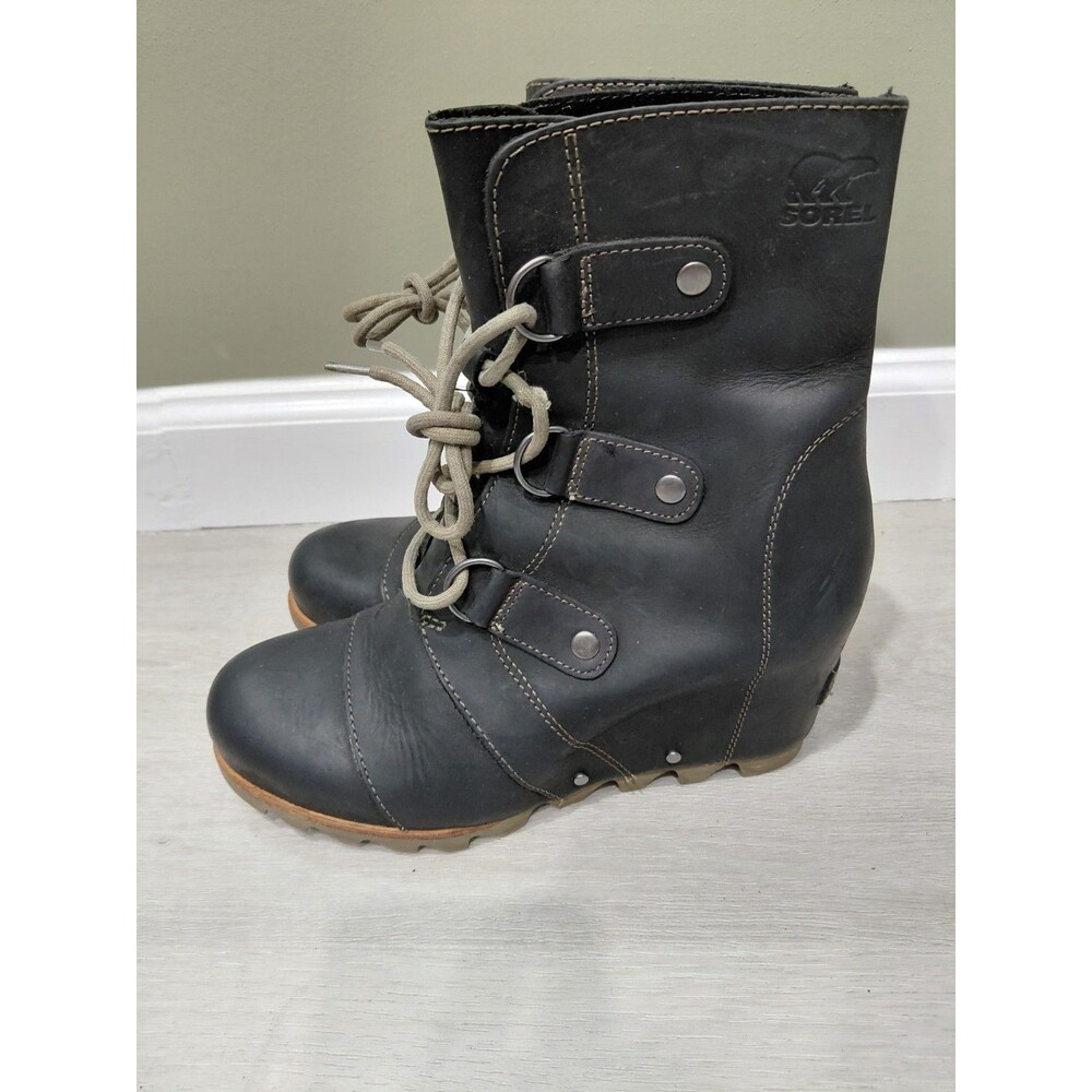 Sorel Joan of Arctic Lace Up Lexie Wedge Black Oil Rubbed Leather Women Size 7.5
